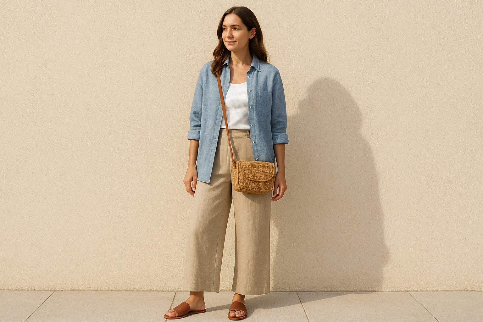 4. Linen button-down over a tank and wide-leg pants