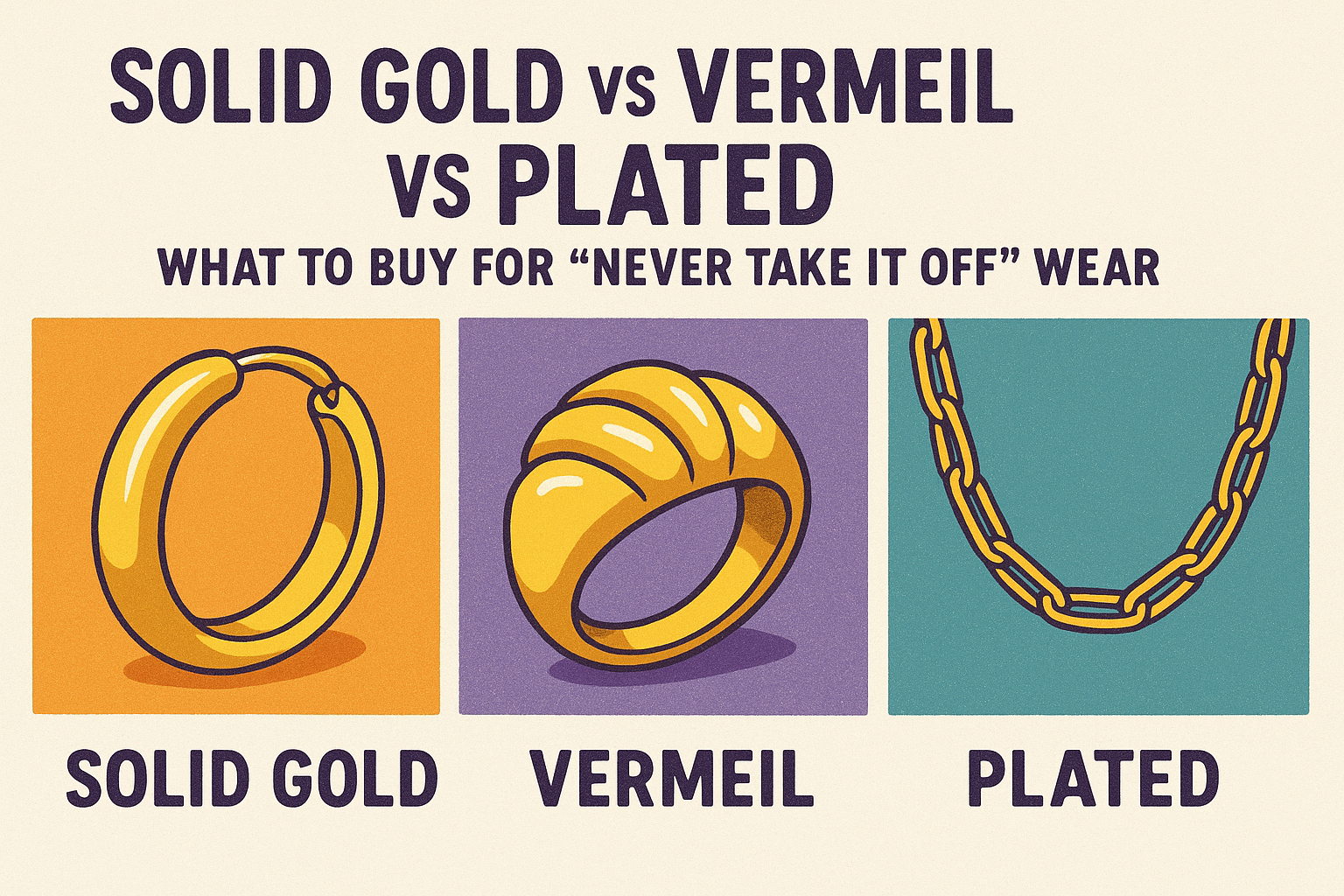 Solid gold vs vermeil vs plated: what to buy for "never take it off" wear