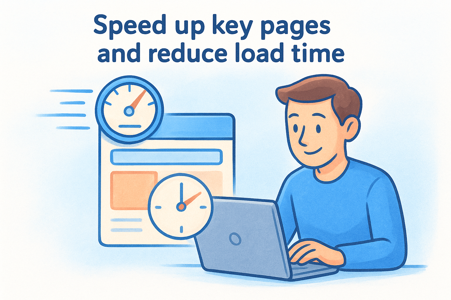Speed up key pages and reduce load time, person using laptop with speedometer icons, emphasizing e-commerce site optimization.