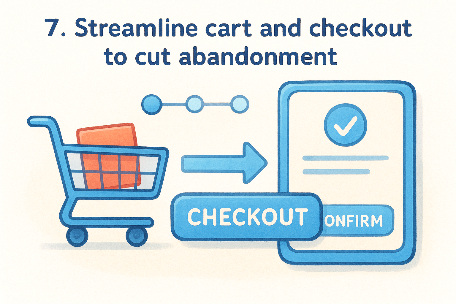Streamlined cart and checkout process illustration, emphasizing reduction of cart abandonment with "checkout" button and confirmation screen, highlighting e-commerce optimization strategies.