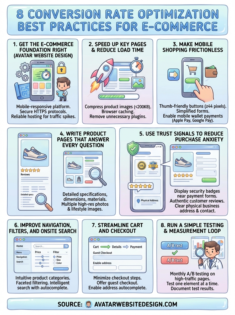 Infographic illustrating eight best practices for conversion rate optimization in e-commerce, featuring mobile-responsive design, speed optimization, mobile shopping enhancements, detailed product pages, trust signals, navigation improvements, streamlined checkout, and testing methodologies.