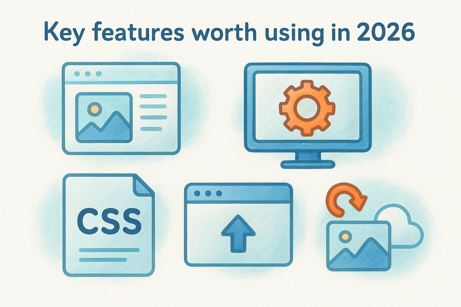 Key features worth using in 2026, including image optimization, CSS file, browser caching, and a computer screen with a gear icon.