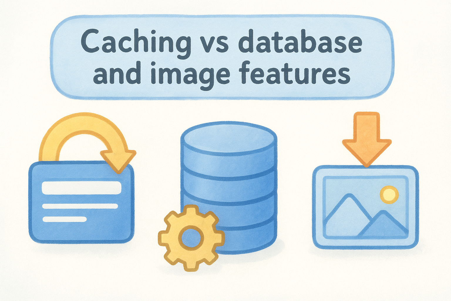 Caching vs database and image features illustration, depicting a data storage icon, a gear symbolizing optimization, and an image download icon, emphasizing performance enhancement for WordPress websites.