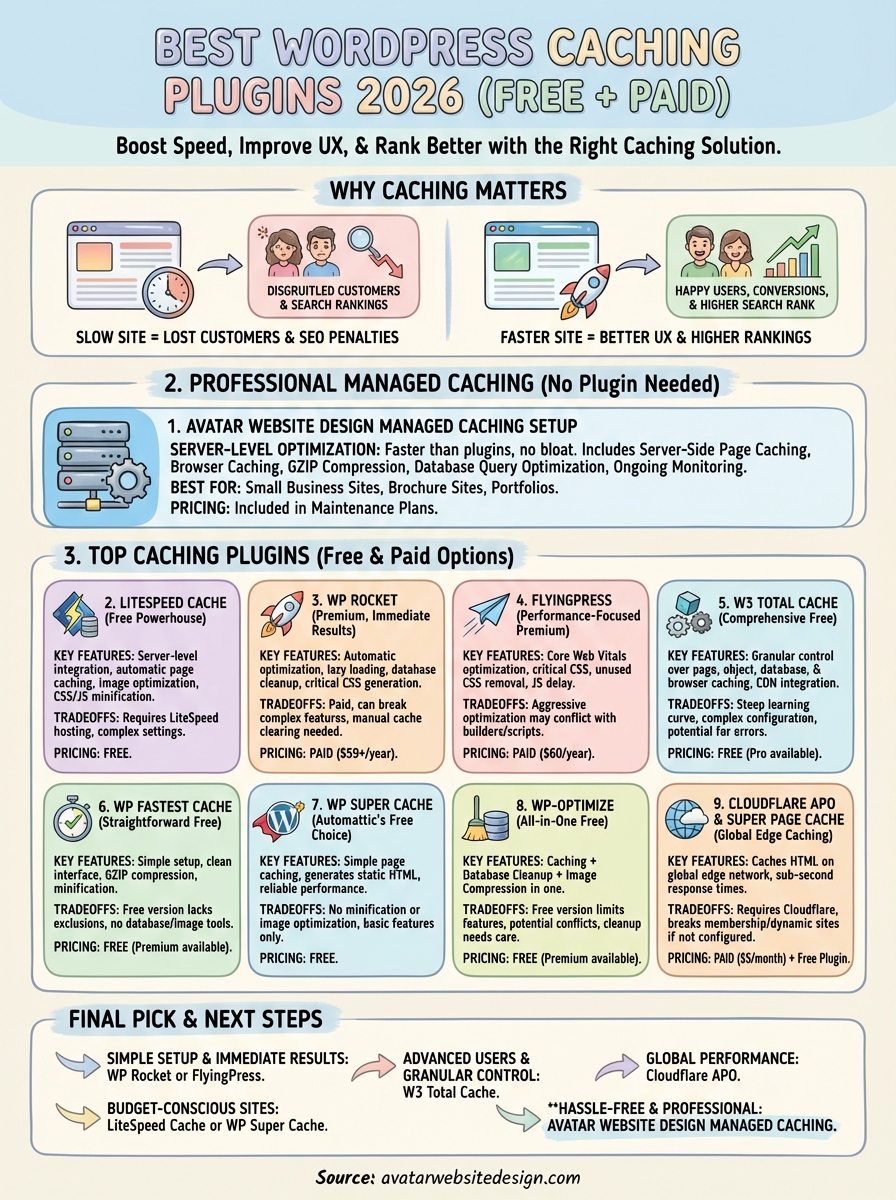 Best WordPress caching plugins infographic for 2026, highlighting features and pricing of top options like Cloudflare APO, WP Rocket, and LiteSpeed Cache, emphasizing benefits of caching for website performance and user experience.
