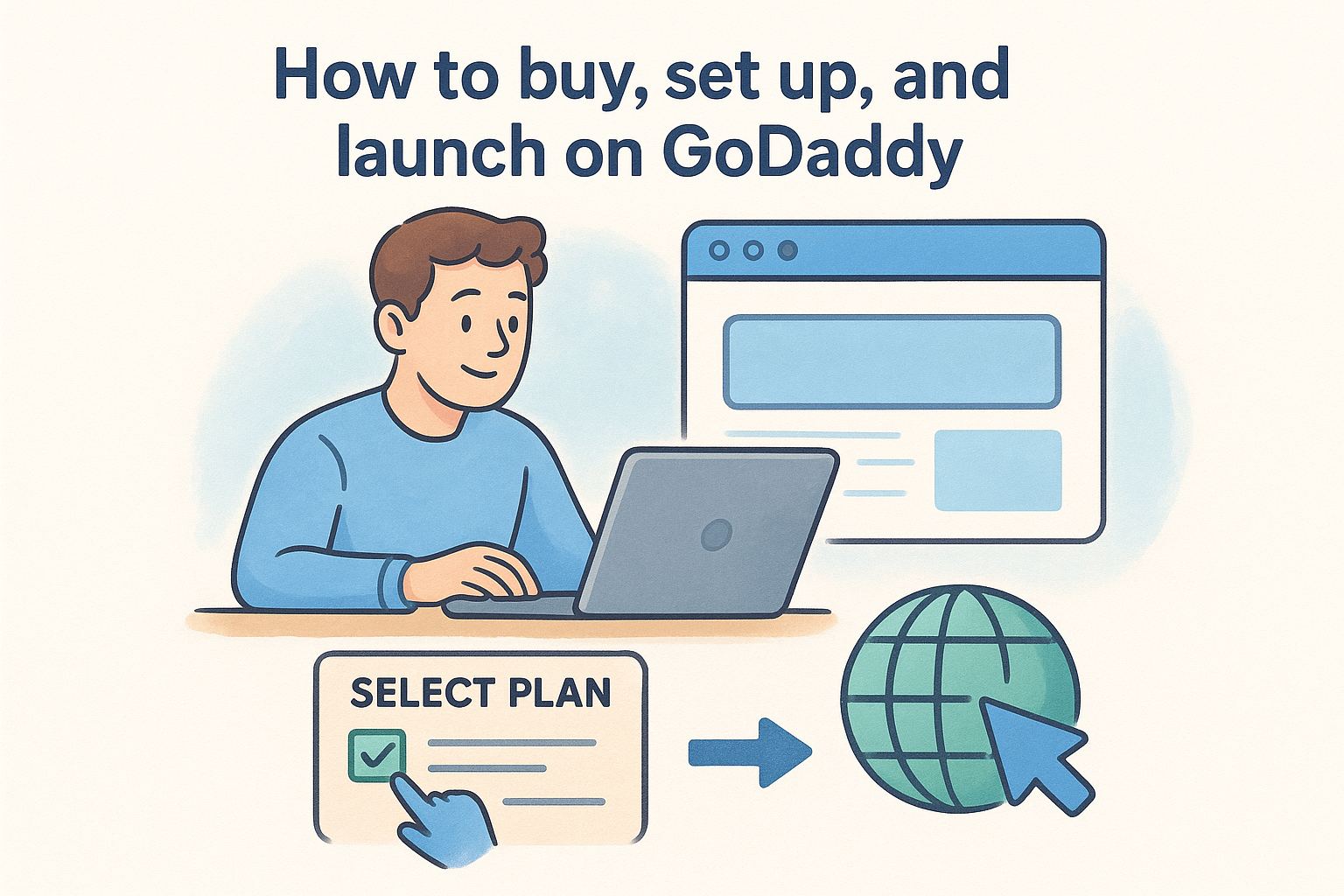 Person using a laptop to select a web hosting plan on GoDaddy, with text "How to buy, set up, and launch on GoDaddy," illustrating the process of setting up a website.