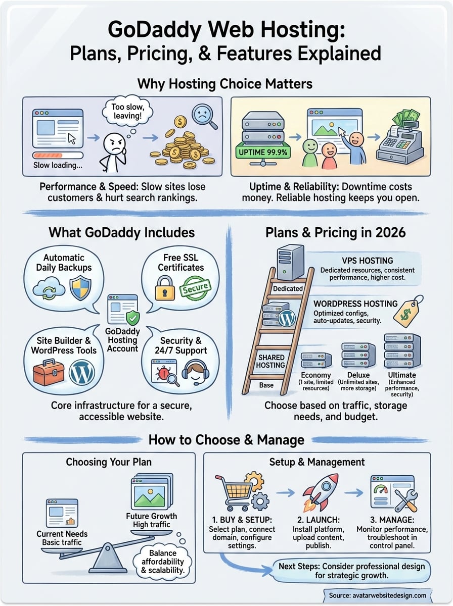 GoDaddy web hosting infographic illustrating key features, plans, and management tips, emphasizing performance, uptime, security, and support for small businesses.