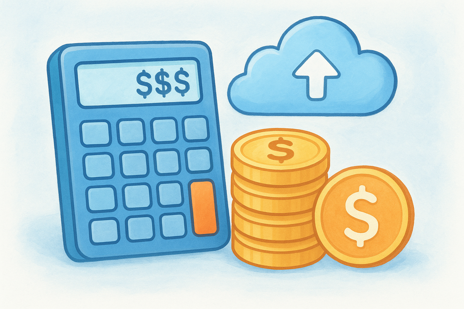 Calculator illustrating expected monthly costs with cloud upload symbol and stacked coins, representing budgeting for Google Cloud hosting services.