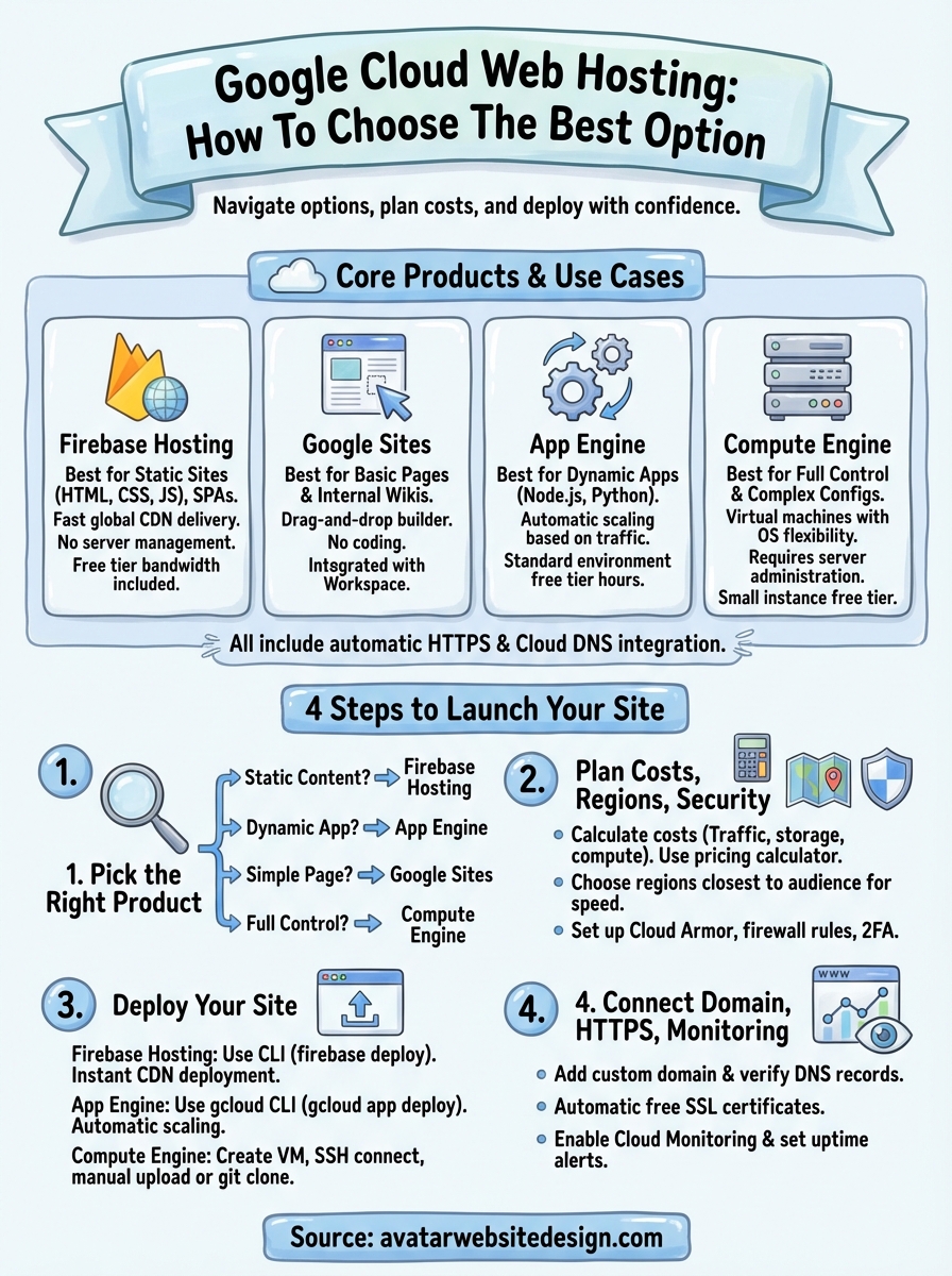 Infographic illustrating Google Cloud web hosting options, including Firebase Hosting, Google Sites, App Engine, and Compute Engine, with steps for launching a site, planning costs, and monitoring, relevant to small businesses seeking web hosting solutions.