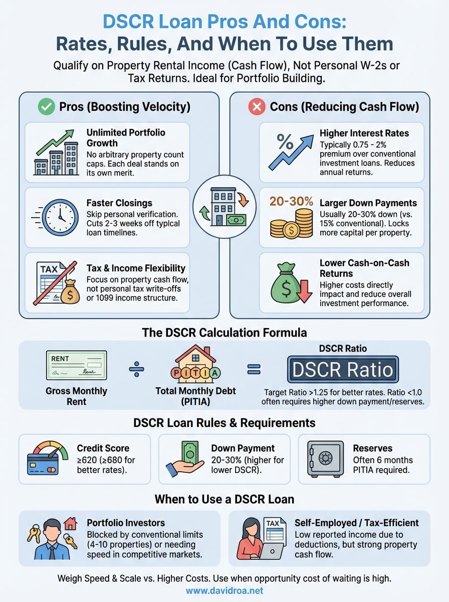 dscr loan pros and cons infographic
