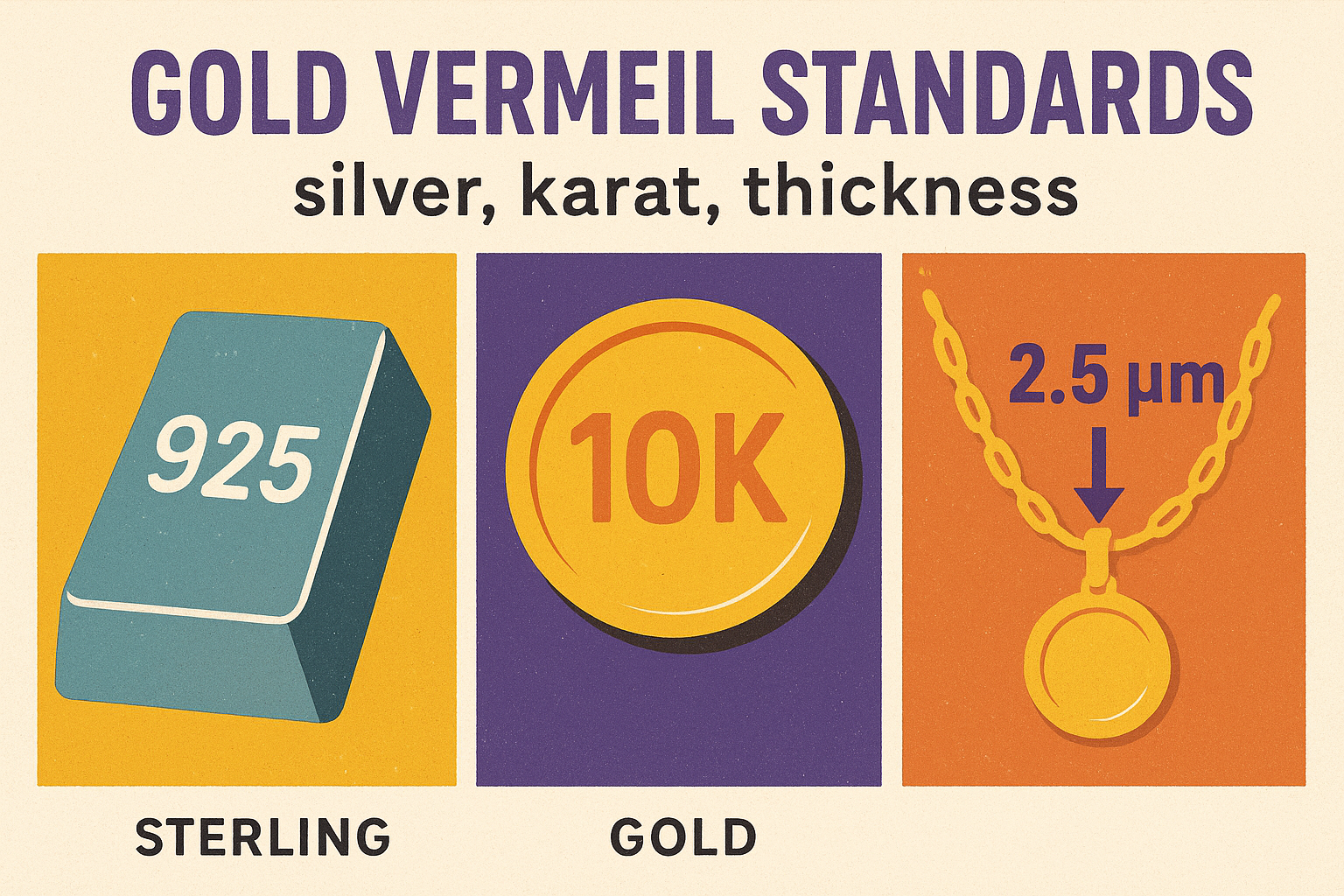 Gold vermeil standards: silver, karat, thickness