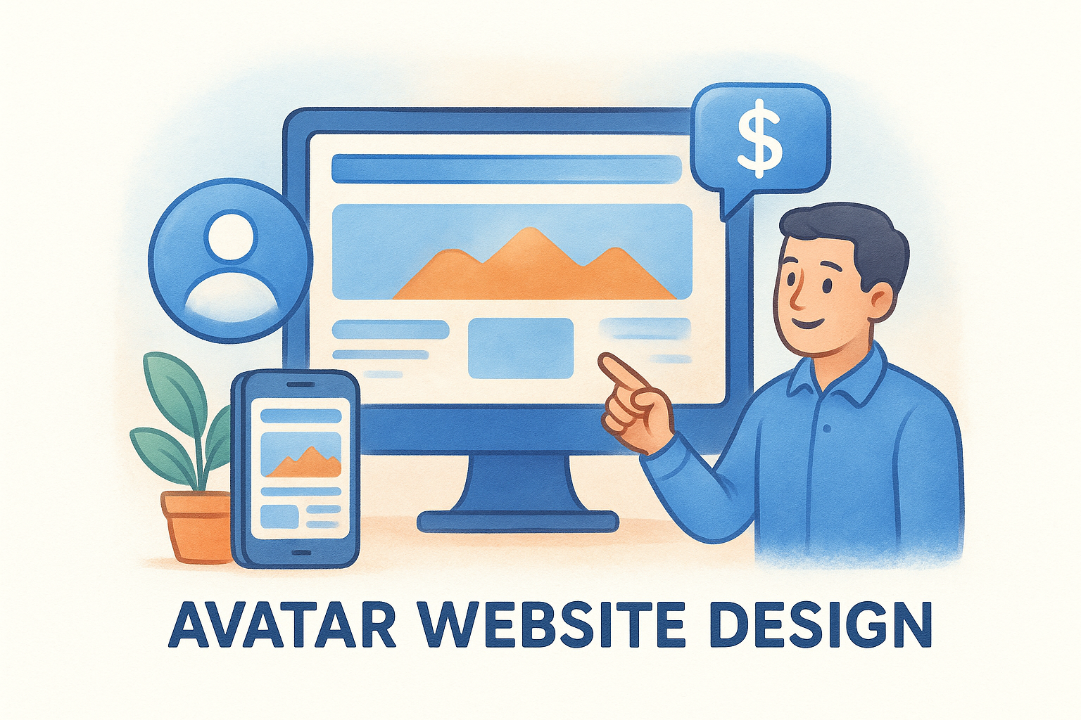 Avatar website design illustration featuring a man pointing at a computer screen and smartphone, displaying a website layout with mountains and a dollar sign icon.