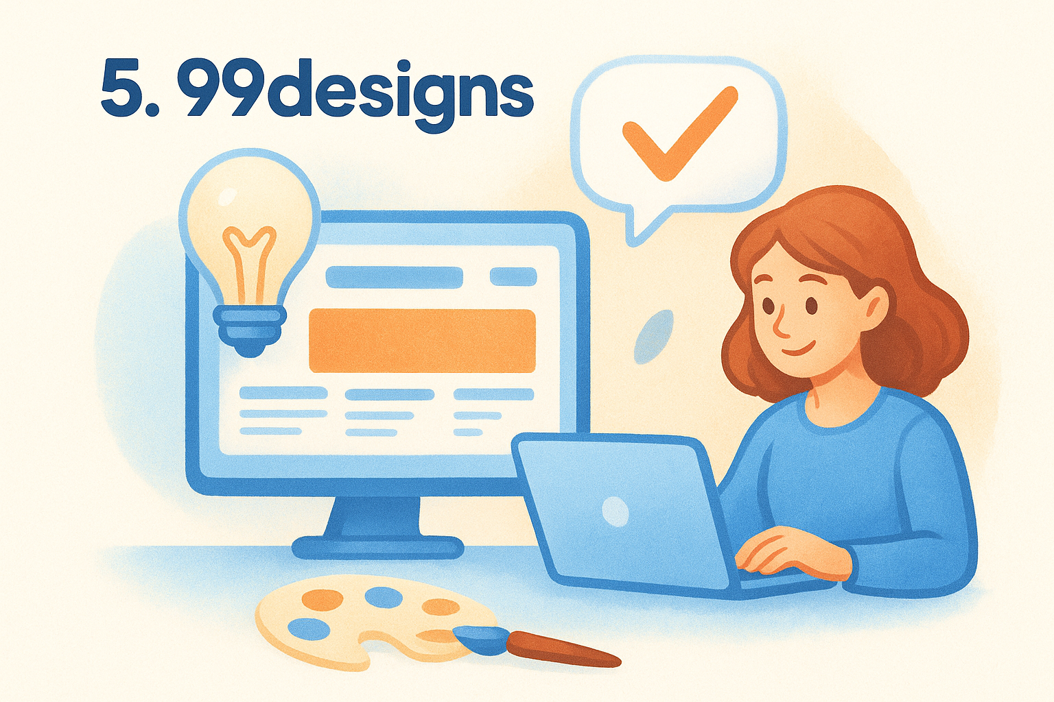 Woman working on a laptop with a light bulb and computer screen, representing 99designs logo and creative design process.