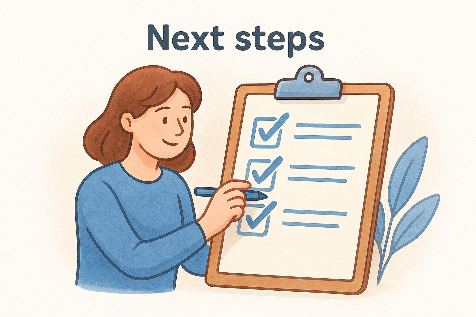 Woman checking off items on a clipboard with a checklist, illustrating next steps in a process.