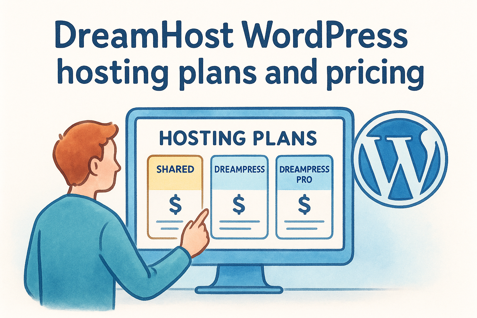 DreamHost WordPress hosting plans and pricing displayed on a computer screen, featuring options for Shared, DreamPress, and DreamPress Pro plans.