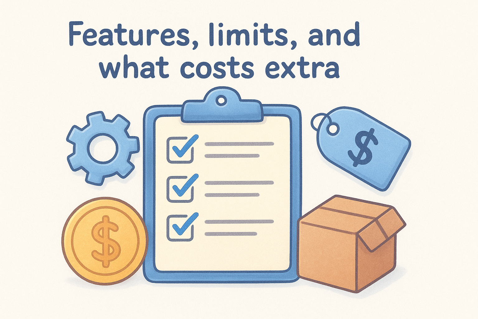 Features checklist with checkmarks, gear icon, dollar sign coin, price tag, and cardboard box, illustrating features, limits, and additional costs.