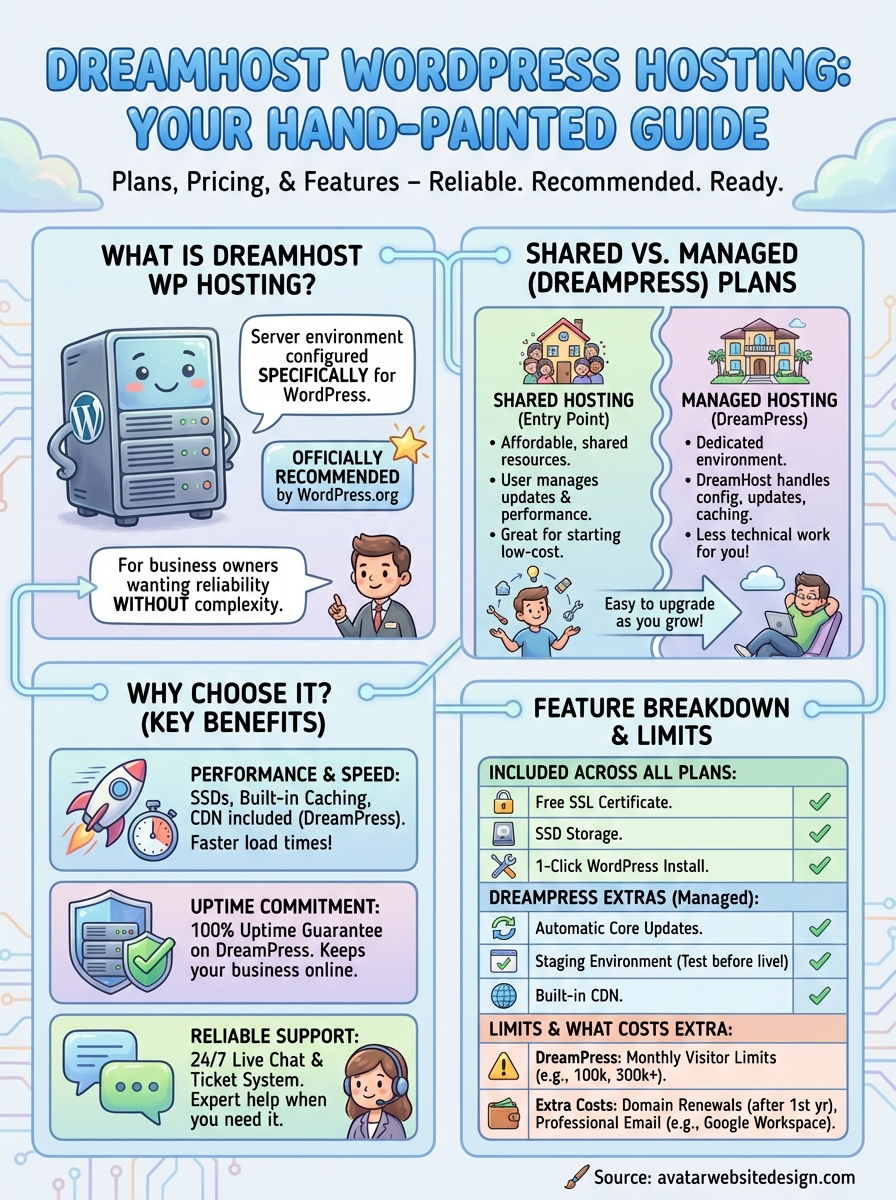DreamHost WordPress hosting infographic illustrating key features, benefits, and comparisons between shared and managed plans, highlighting performance, support, and included services.