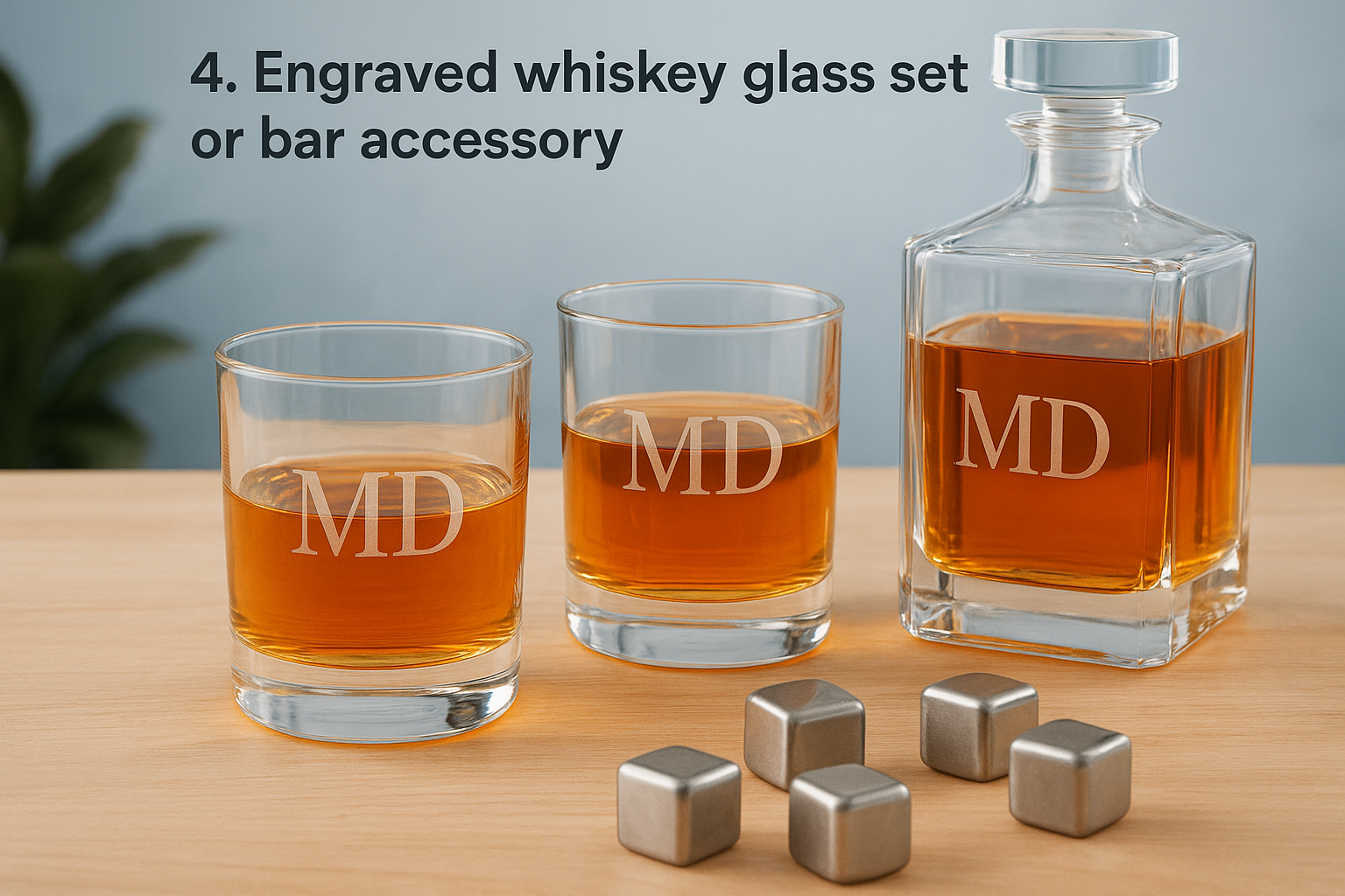 4. Engraved whiskey glass set or bar accessory