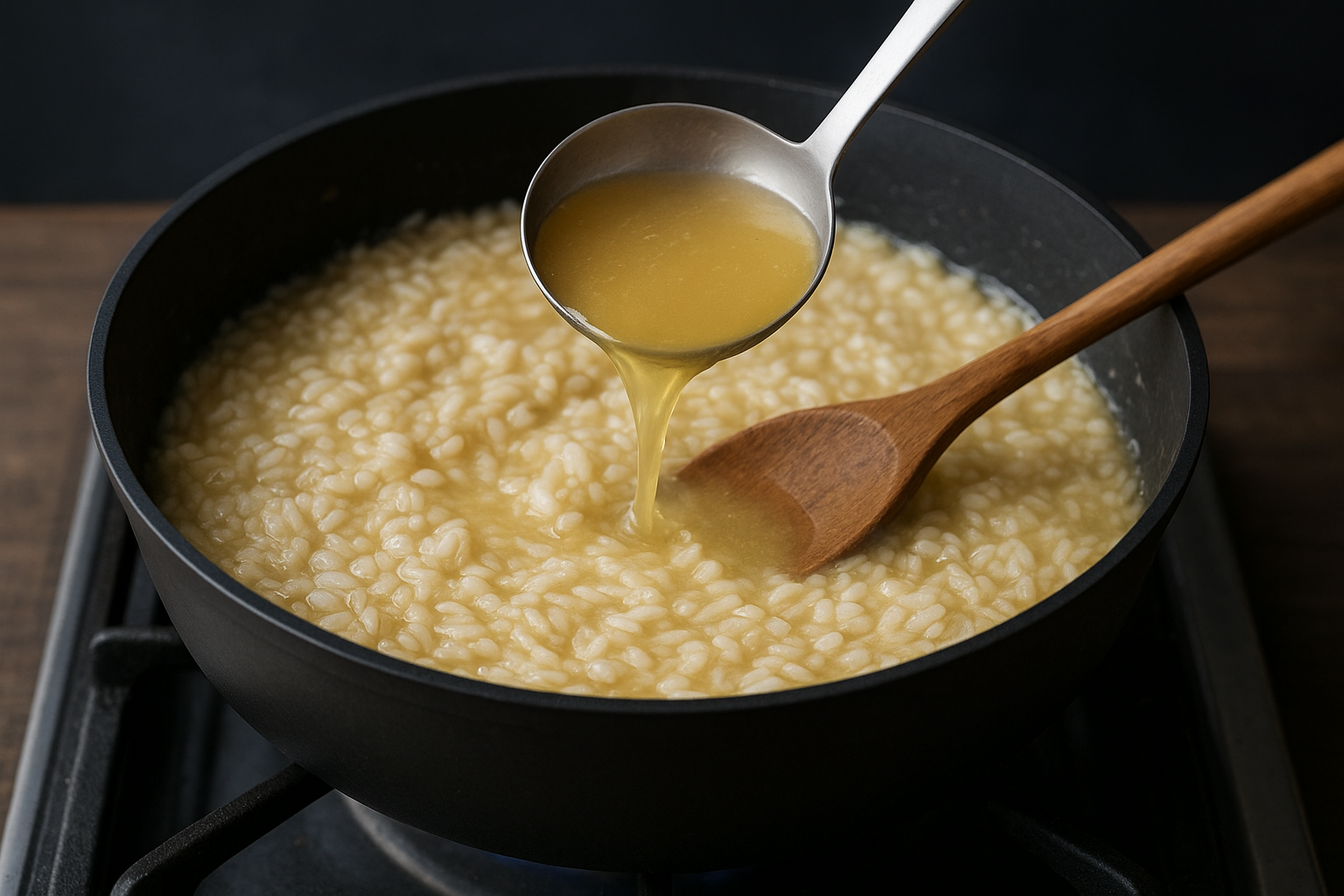Step 4. Add stock and stir to creamy