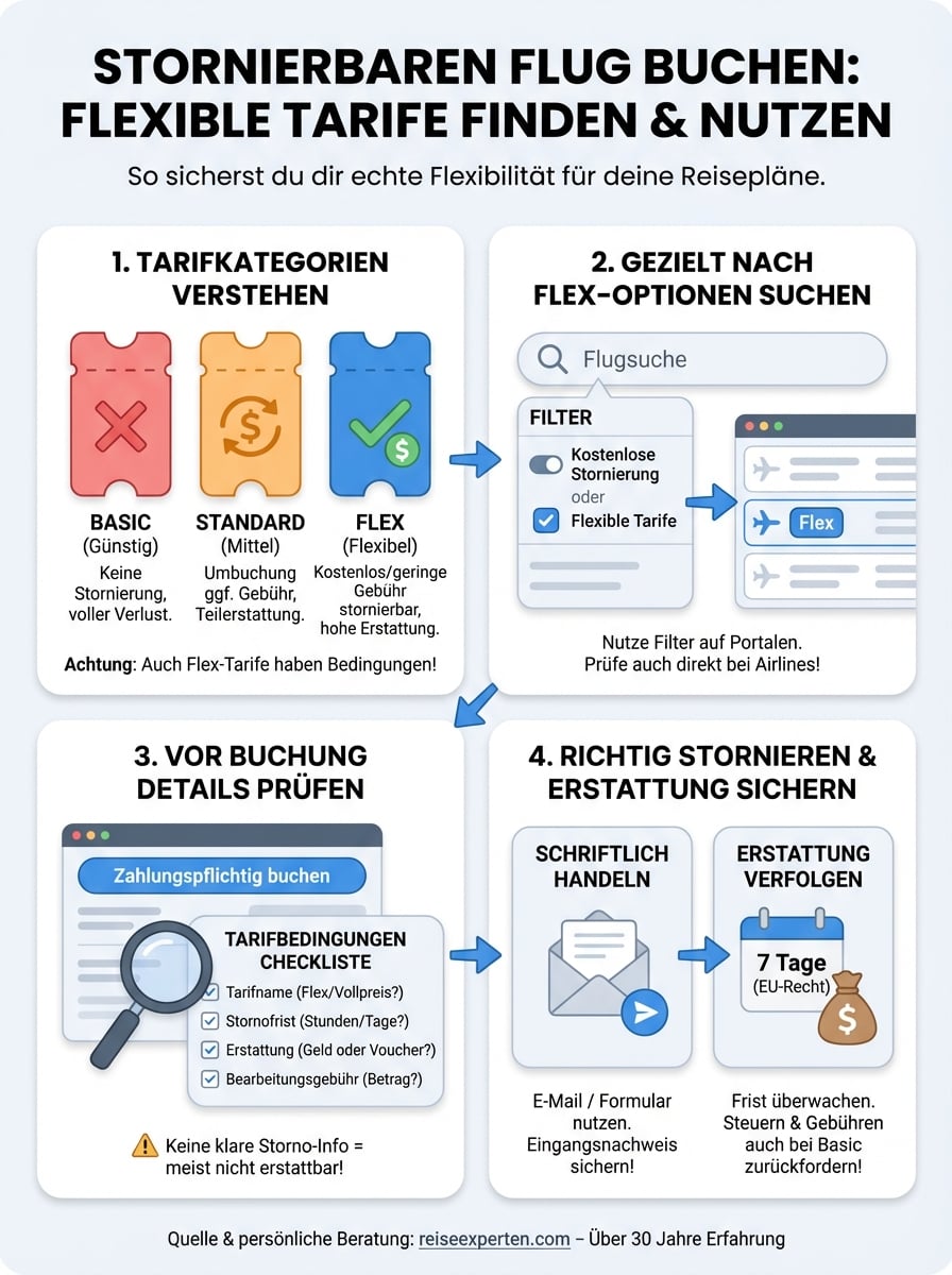 stornierbaren flug buchen infographic