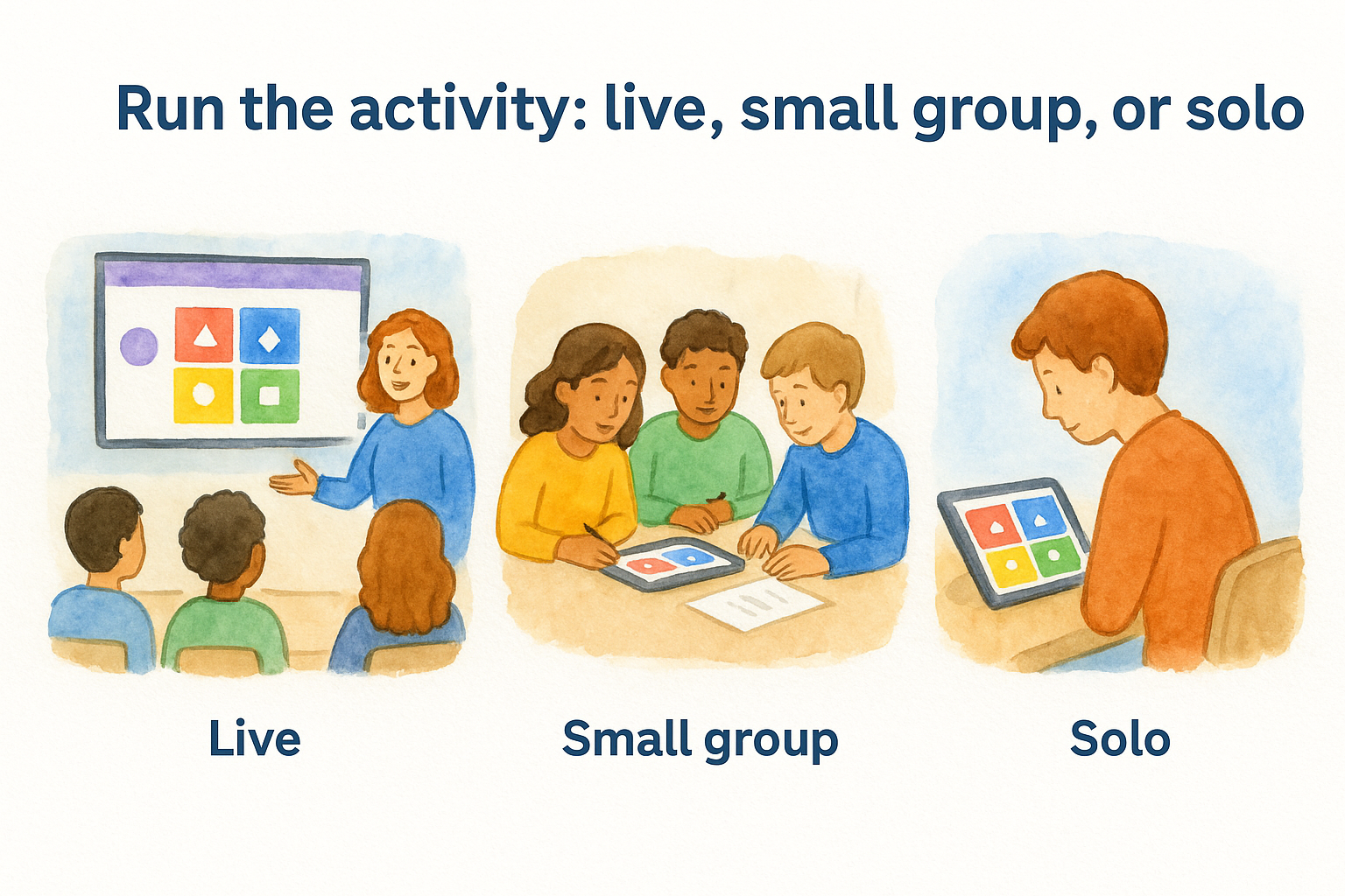 Run the activity: live, small group, or solo