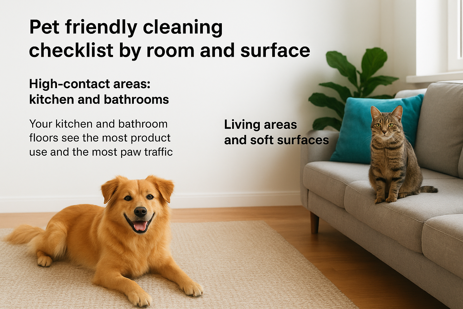 Pet friendly cleaning checklist by room and surface