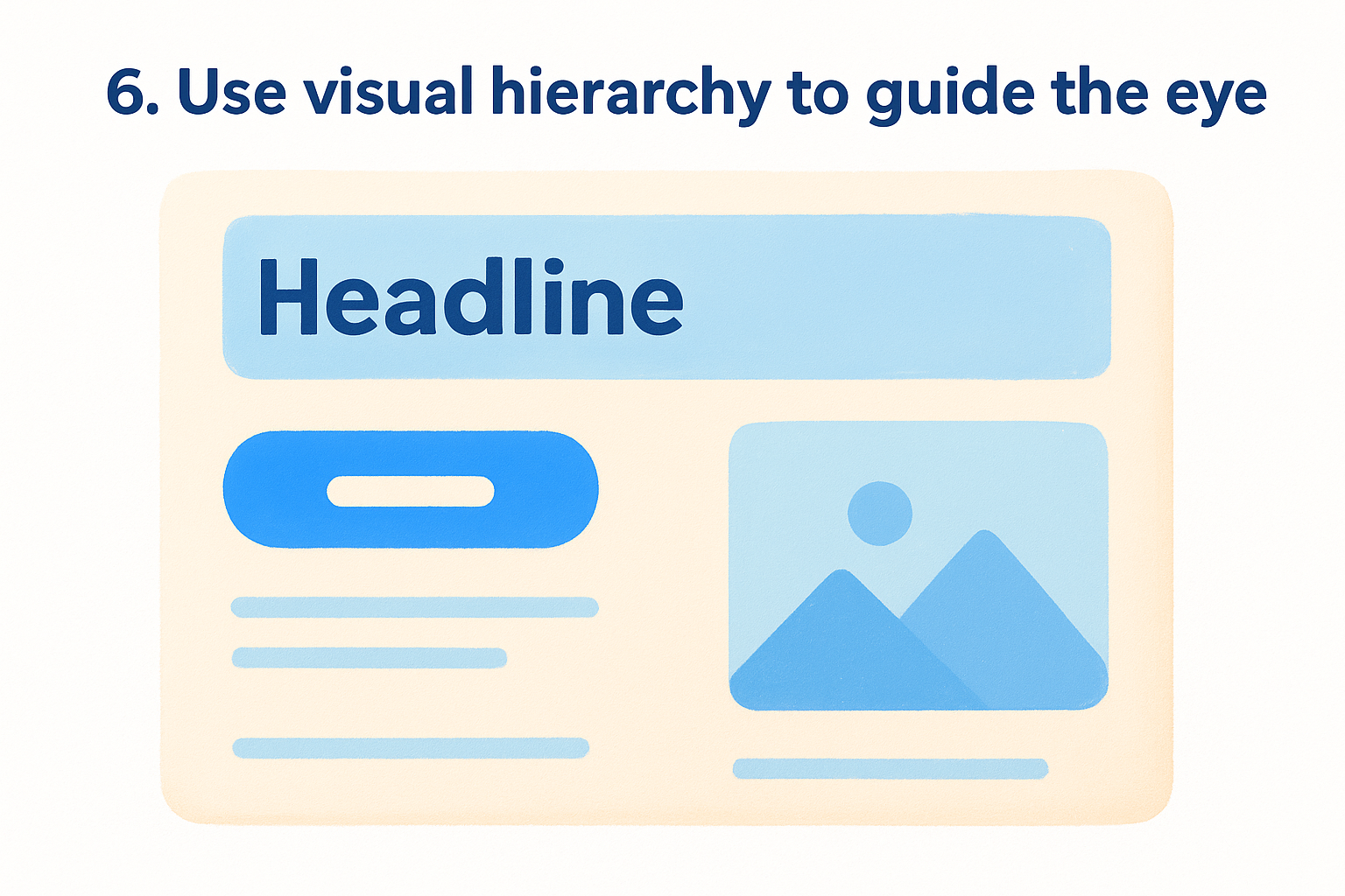 Visual hierarchy example with a headline, button, and image placeholder, illustrating design principles for guiding the eye.