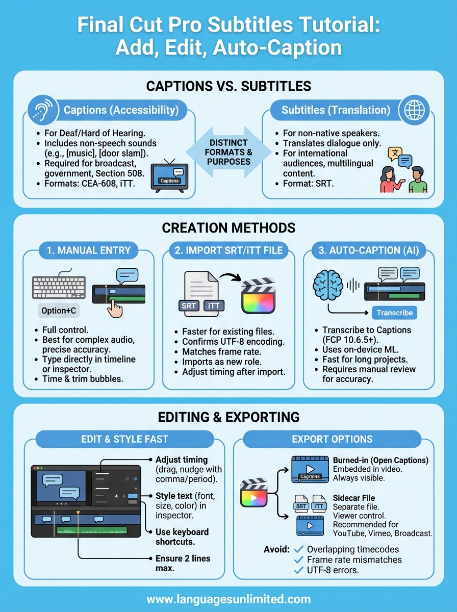 final cut pro subtitles tutorial infographic