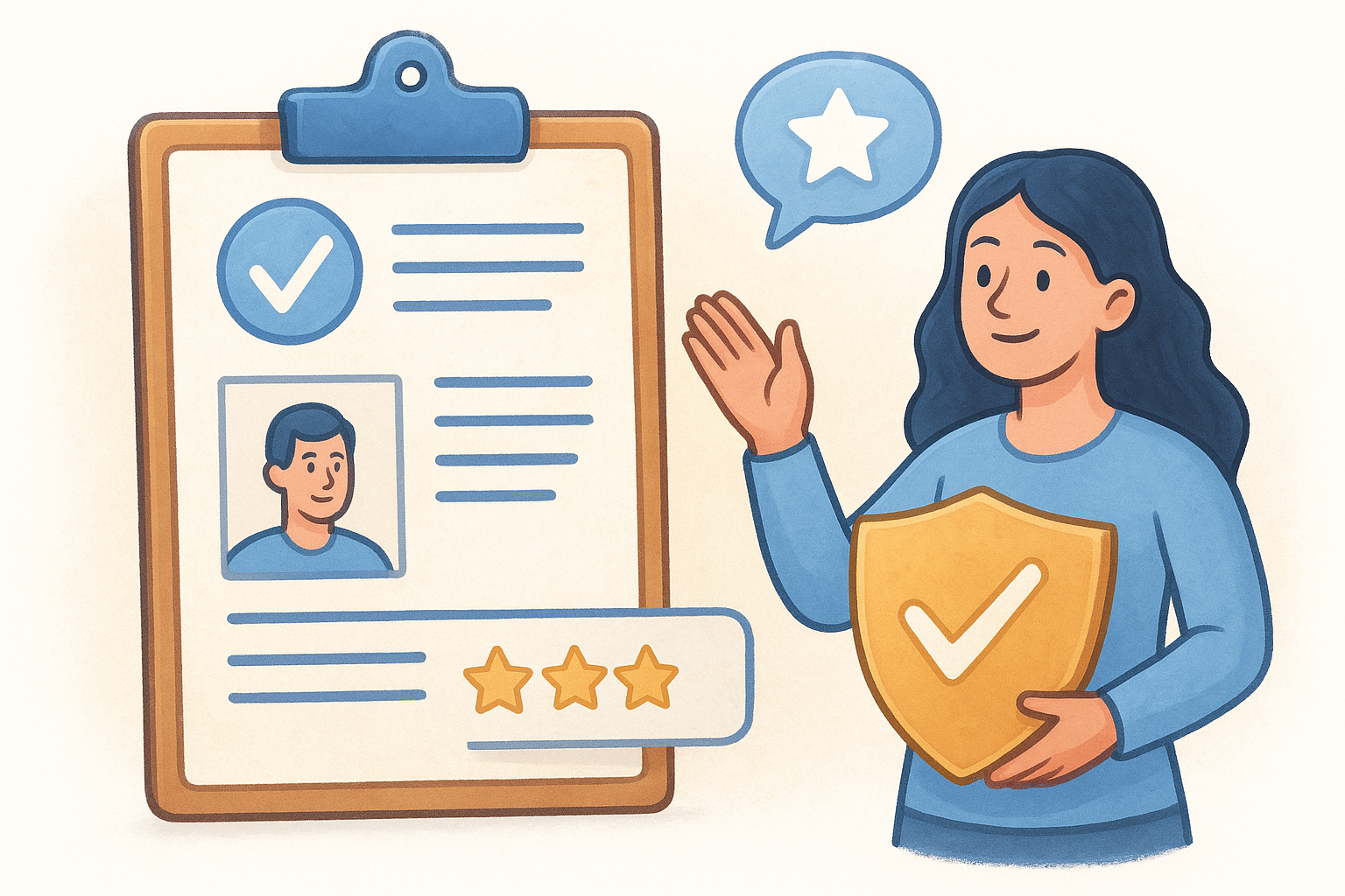 Woman presenting a clipboard with a verified profile, holding a shield symbolizing trust and transparency, showcasing a star rating.