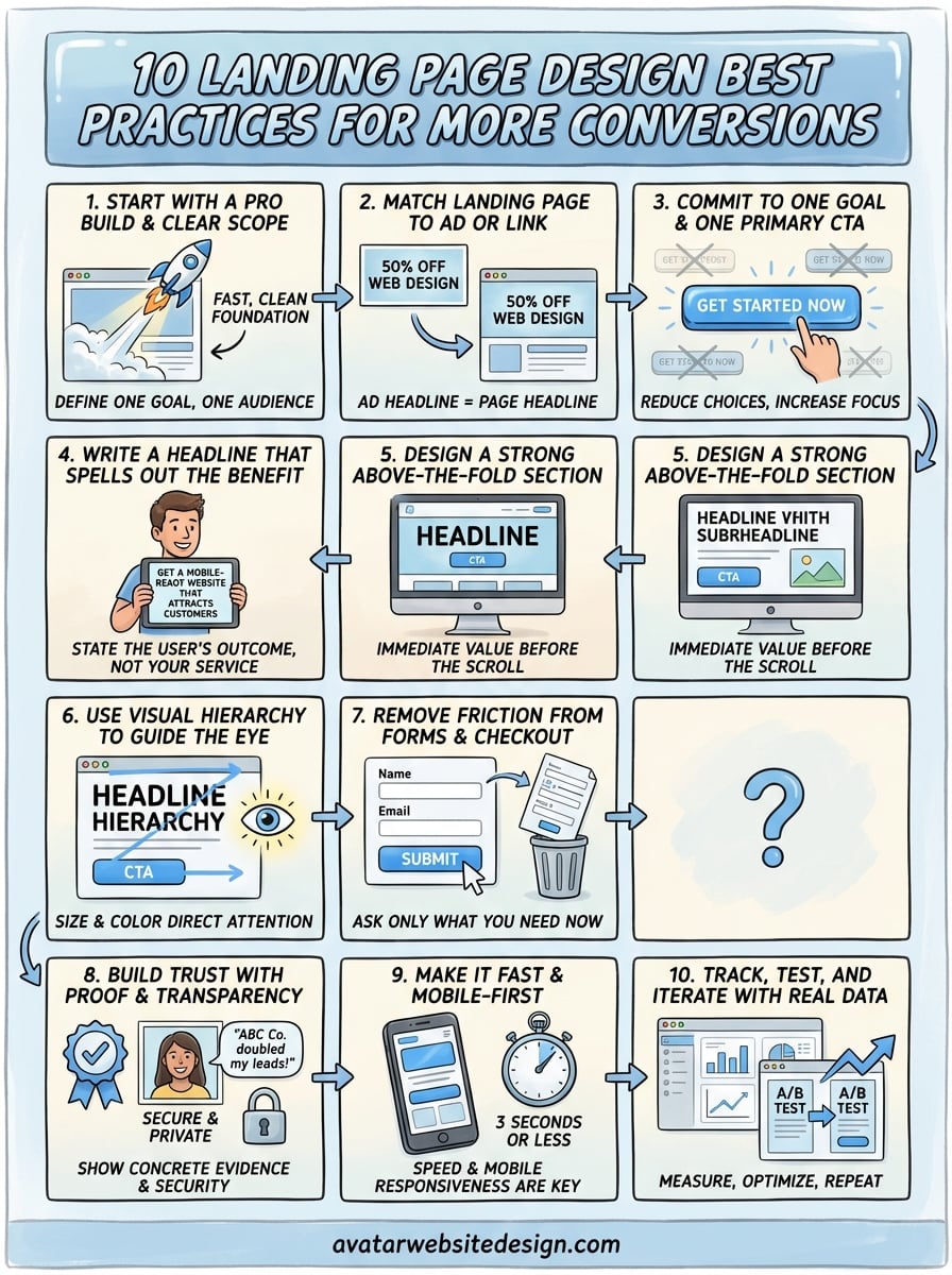 Infographic titled "10 Landing Page Design Best Practices for More Conversions," featuring illustrated steps for effective landing page design, including clear goals, strong headlines, visual hierarchy, and mobile optimization.