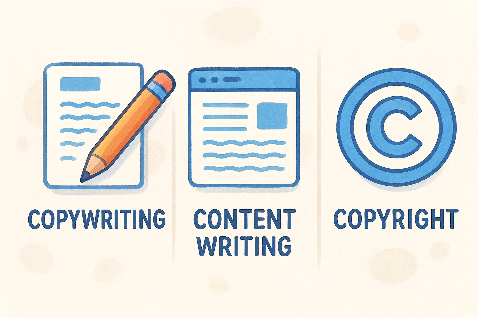 Illustration comparing copywriting, content writing, and copyright, featuring a pencil on paper, a web page, and a copyright symbol.