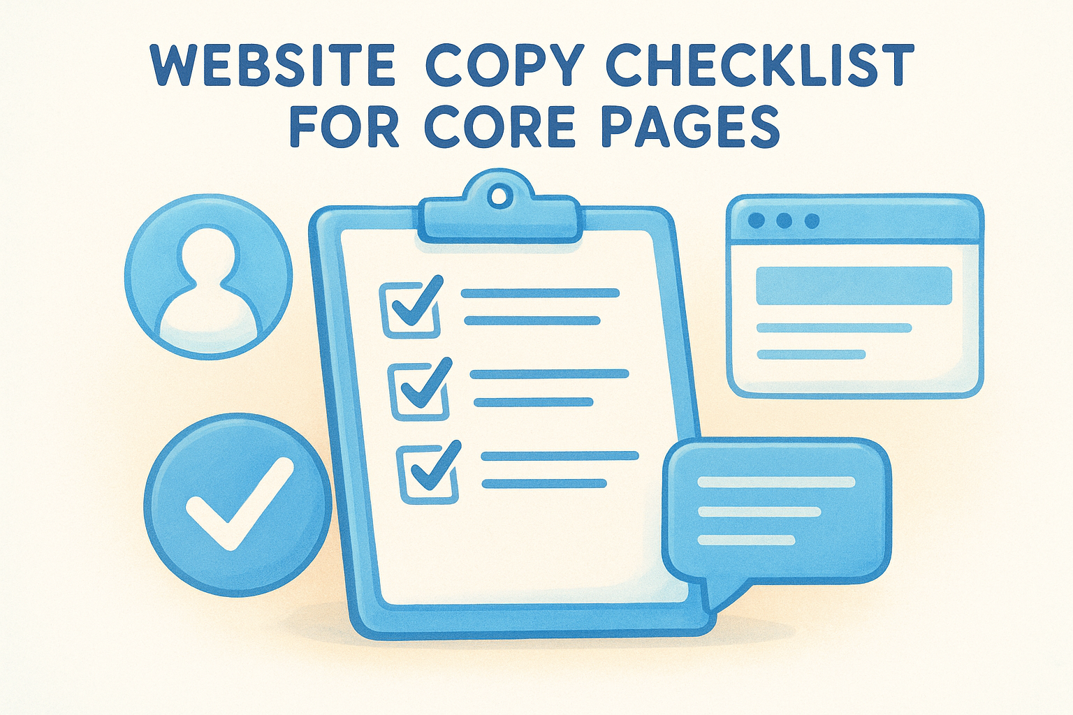 Website copy checklist with clipboard, checkmarks, user icon, and chat bubbles for core pages.