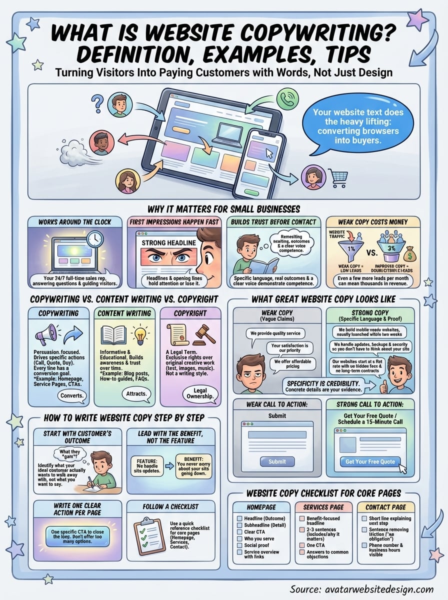 Infographic titled "What is Website Copywriting?" illustrating key elements of effective website copy, including definitions, examples, and tips for converting visitors into customers, with sections on copywriting vs. content writing, importance for small businesses, and a checklist for writing compelling copy.