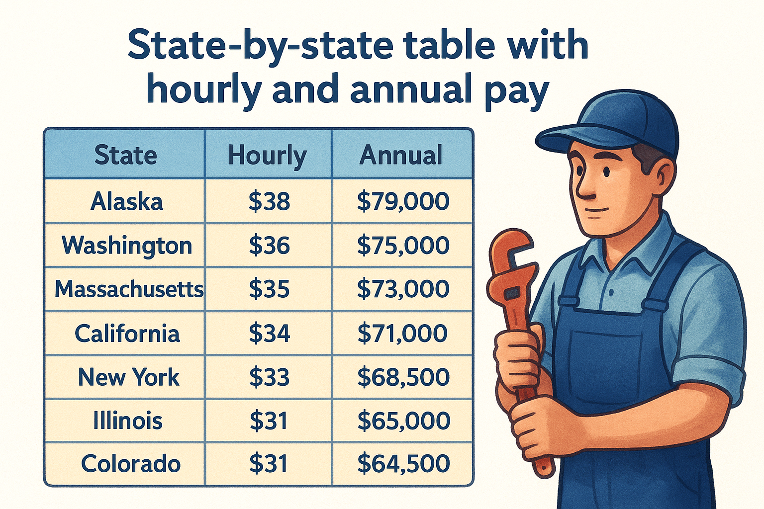 State-by-state table with hourly and annual pay