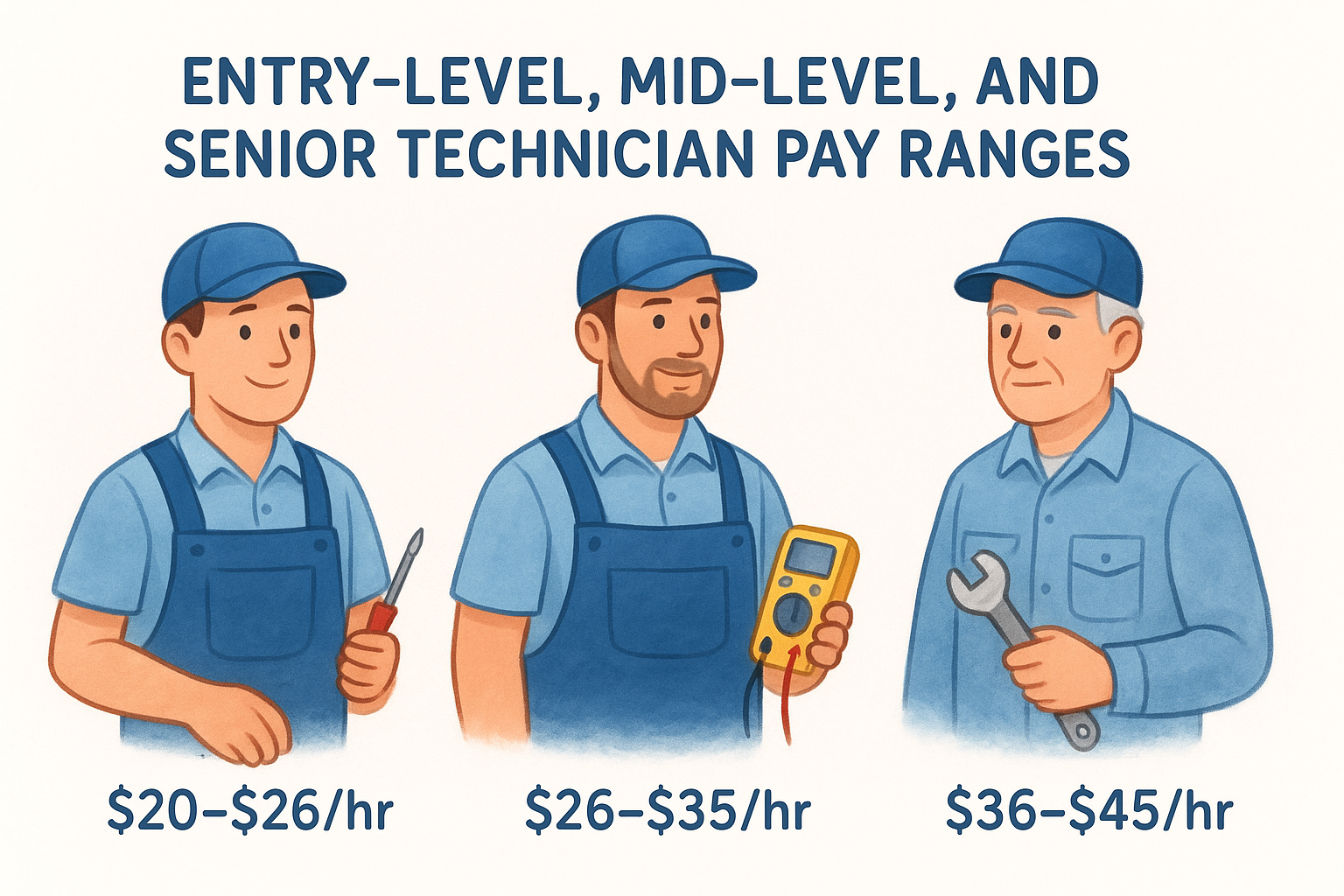 Entry-level, mid-level, and senior technician pay ranges