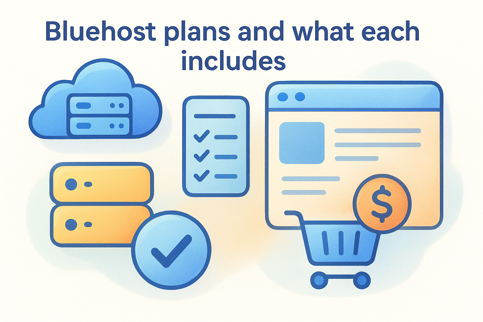 Bluehost plans overview with cloud servers, checklist, website mockup, and shopping cart icon.