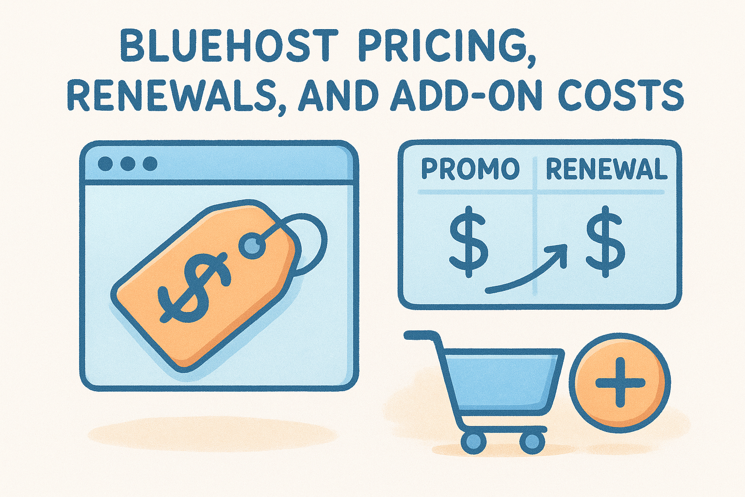 Bluehost pricing illustration featuring a price tag, promotional and renewal cost comparison, and a shopping cart icon.