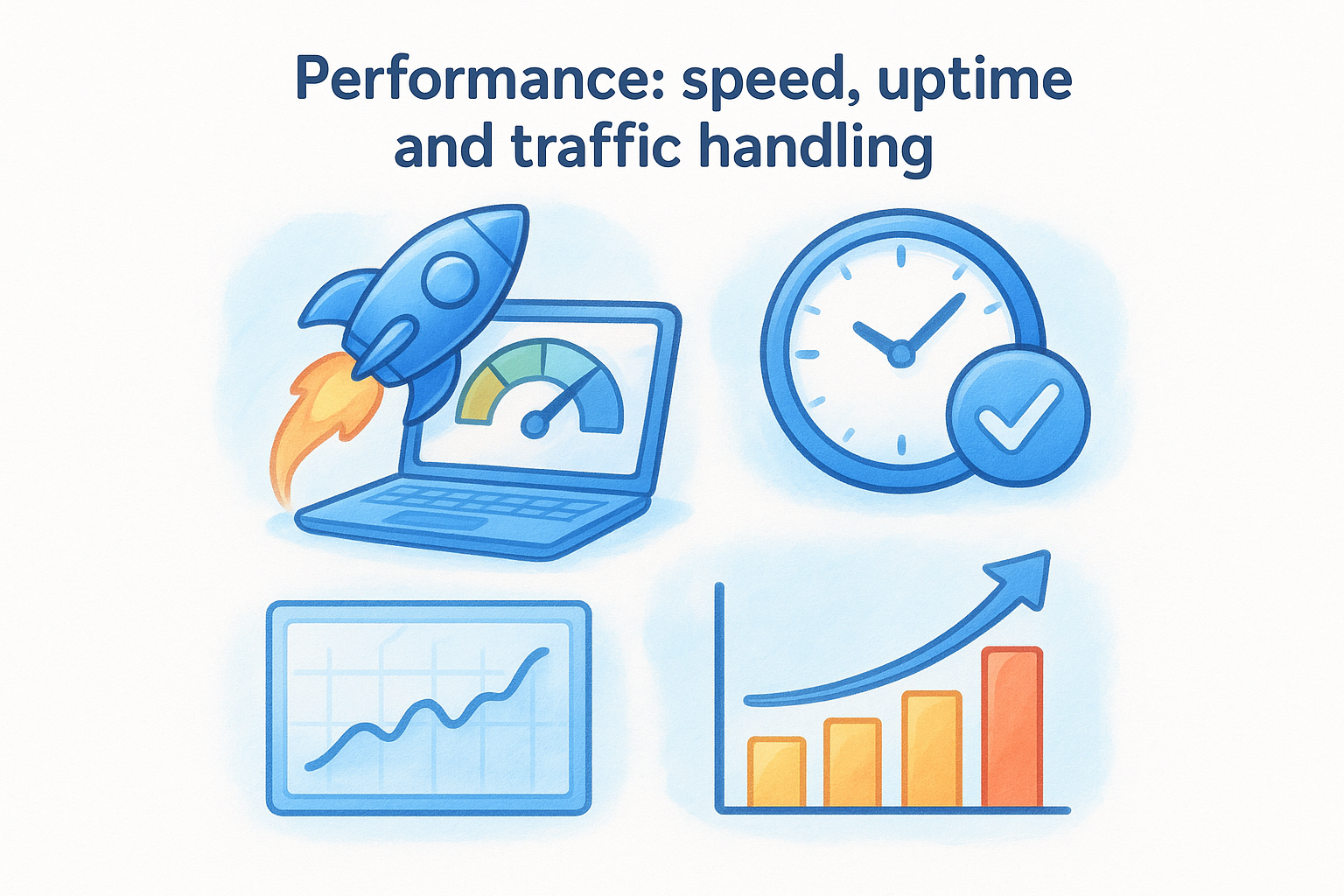 Illustration of performance metrics featuring a rocket launching from a laptop, a clock with a checkmark, a line graph, and a bar chart, highlighting speed, uptime, and traffic handling.