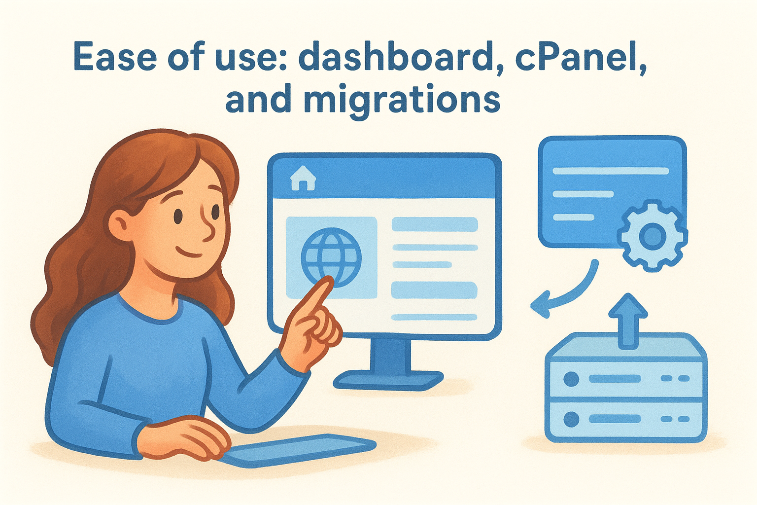 Woman interacting with a computer, highlighting ease of use for dashboard, cPanel, and migrations, featuring icons for web management and data transfer.