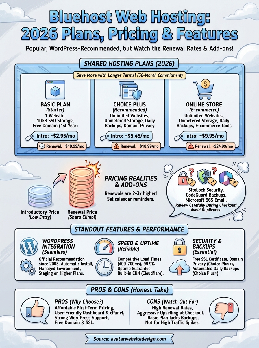 Bluehost web hosting infographic detailing 2026 plans, pricing, features, and standout benefits, including Basic, Choice Plus, and Online Store plans with introductory and renewal prices, pricing realities, and pros and cons.