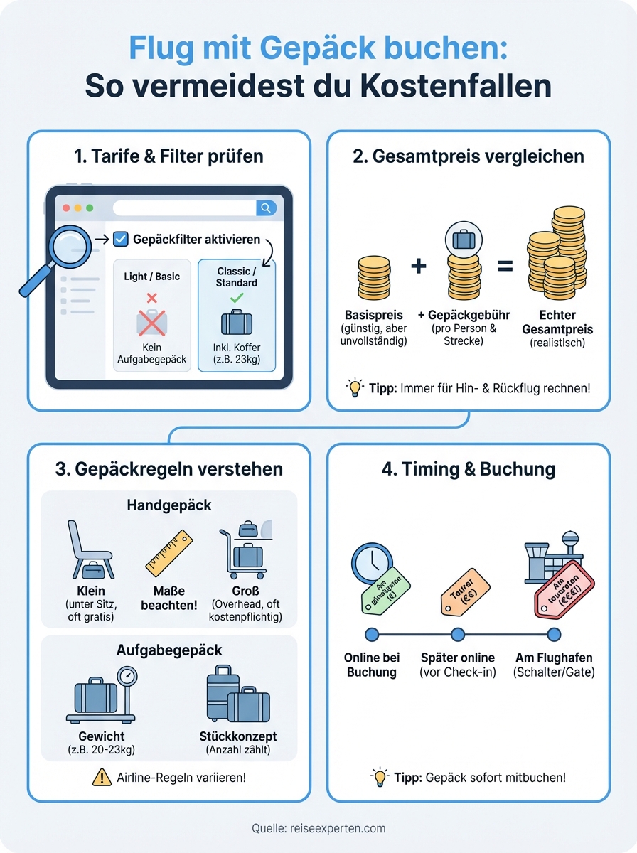 flug mit gep&auml;ck buchen infographic