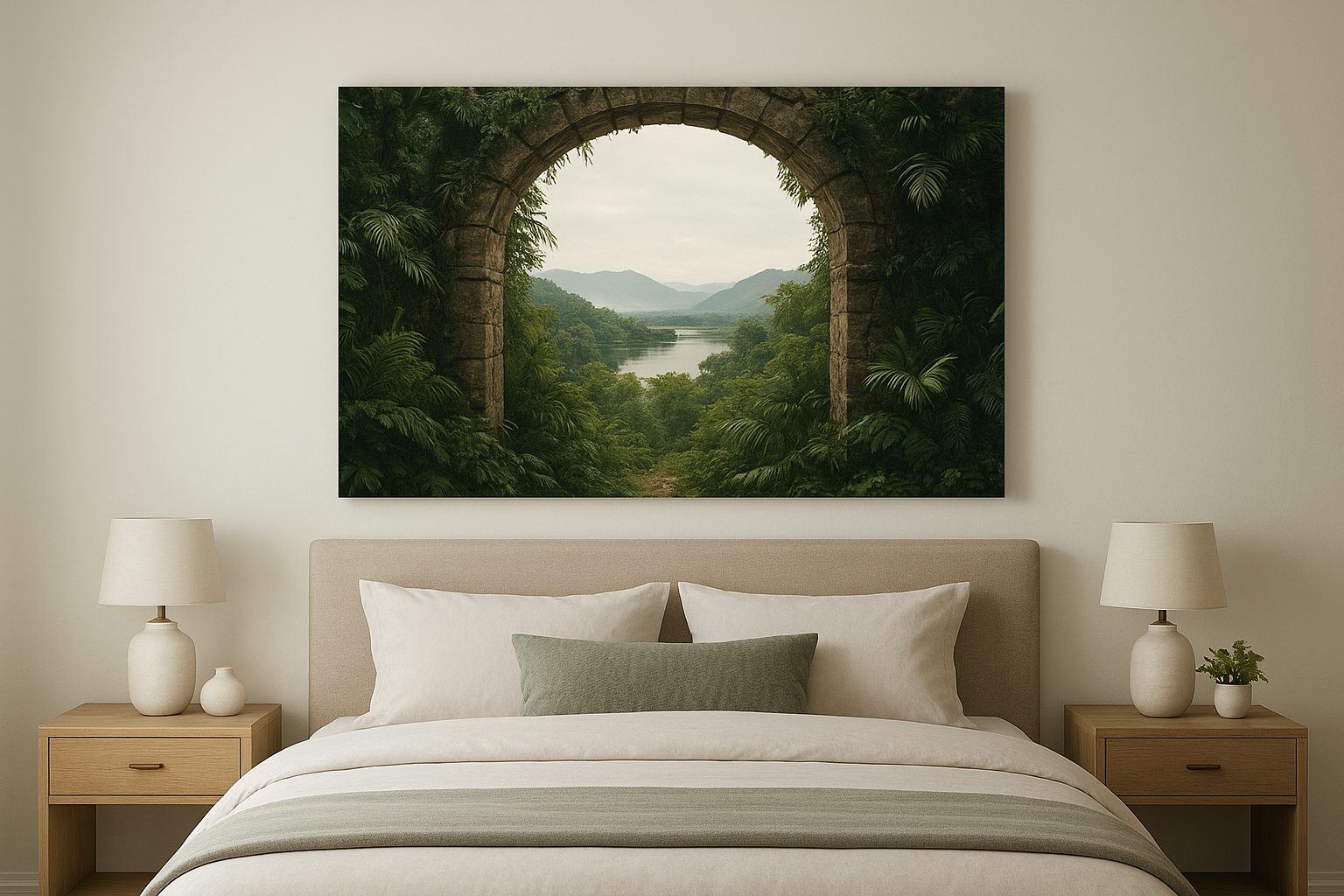 2. Hang one oversized landscape above the bed