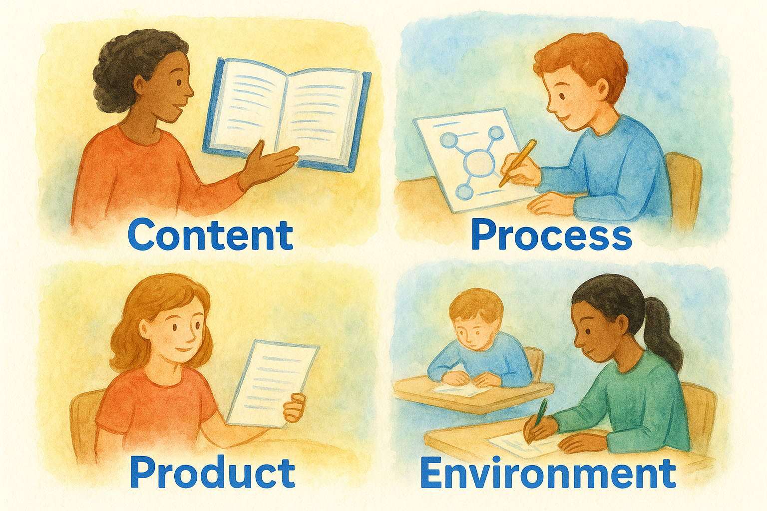 Differentiate content, process, product, and environment