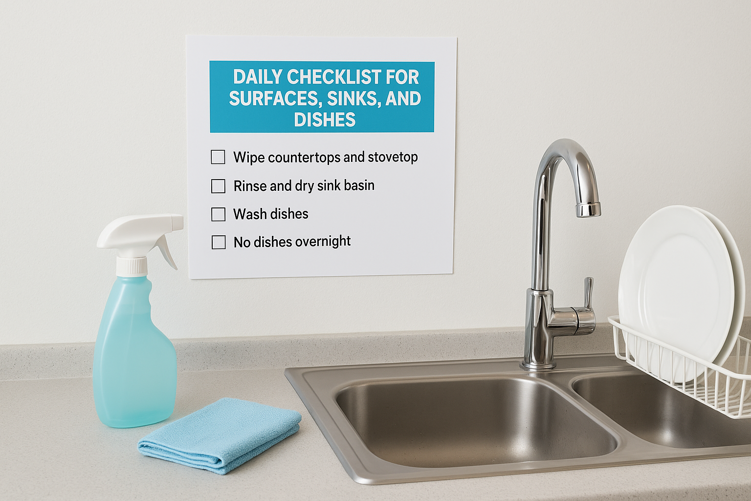 Daily checklist for surfaces, sinks, and dishes