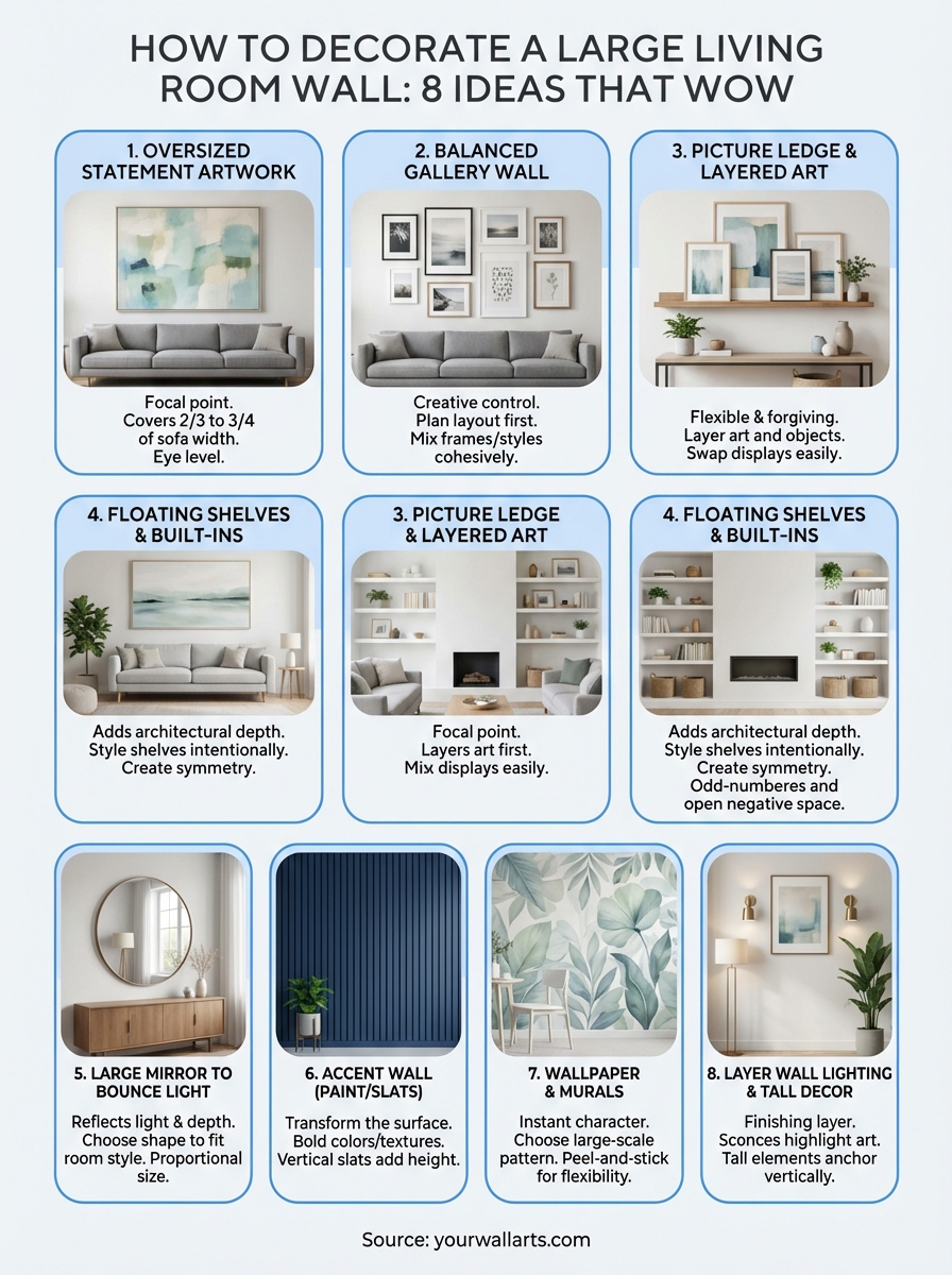 how to decorate a large living room wall infographic