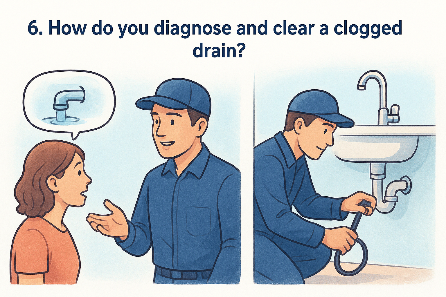 6. How do you diagnose and clear a clogged drain?