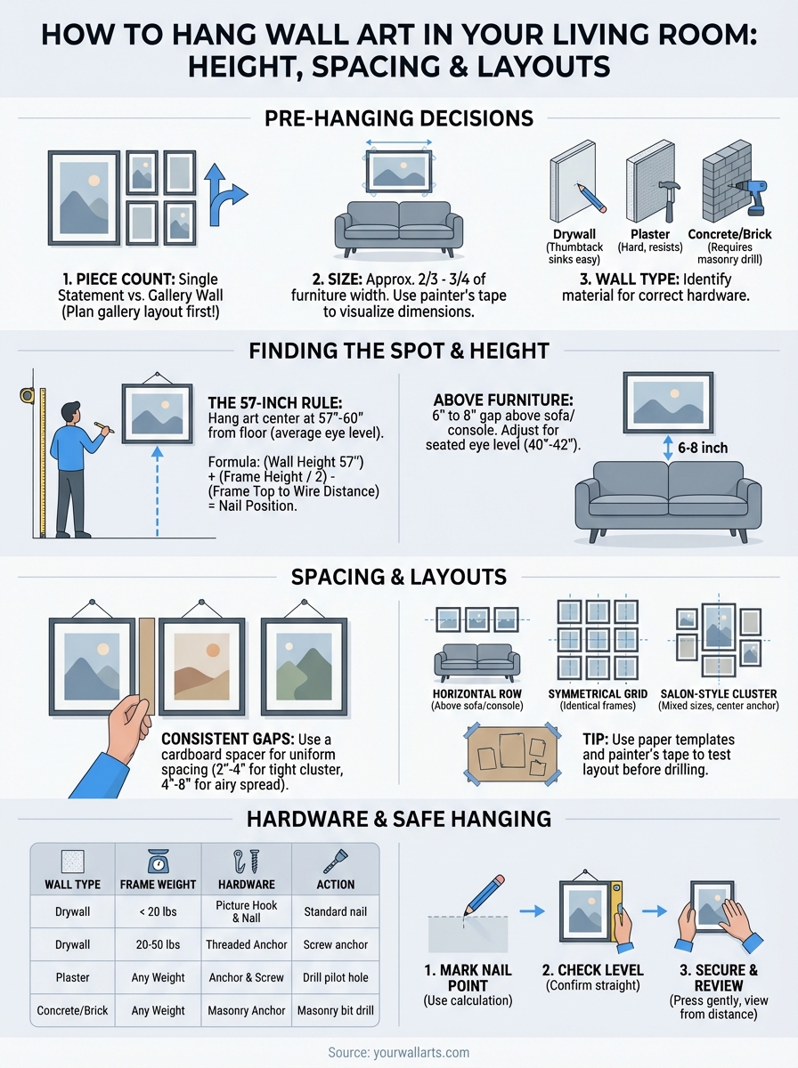 how to hang wall art in living room infographic
