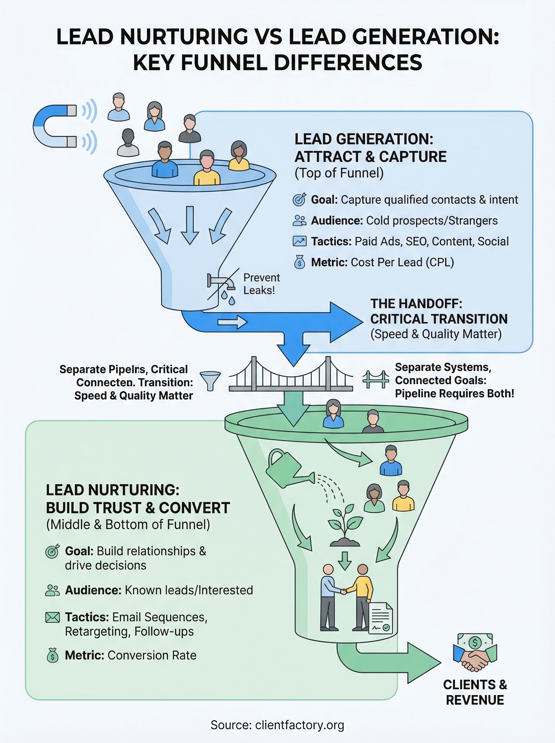 lead nurturing vs lead generation infographic