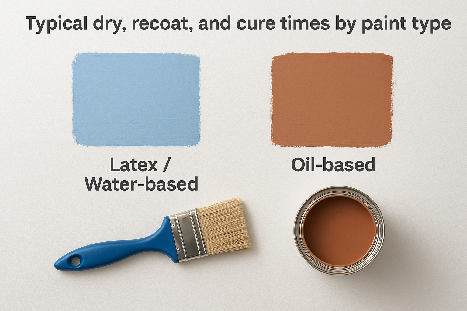 Typical dry, recoat, and cure times by paint type