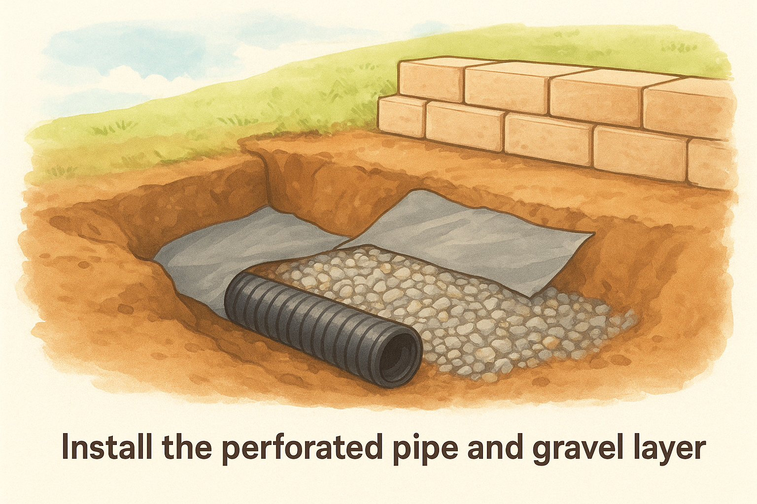 Install the perforated pipe and gravel layer