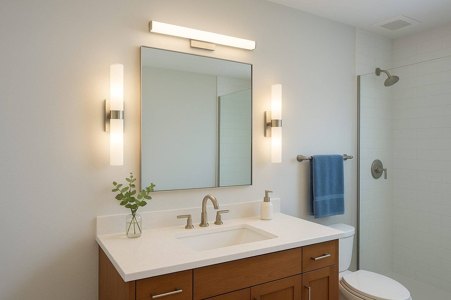 Lighting layers for a brighter, larger-feeling bathroom